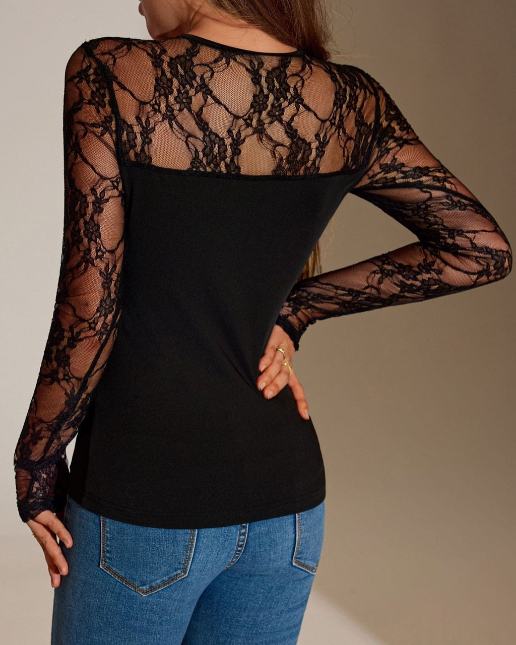 Sheer Lace Yoke Long Sleeve Slim Fit Top - Black - 2