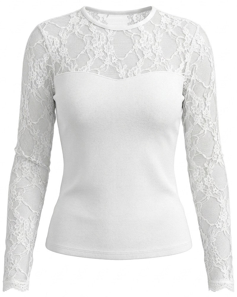 Sheer Lace Yoke Long Sleeve Slim Fit Top - White - 1