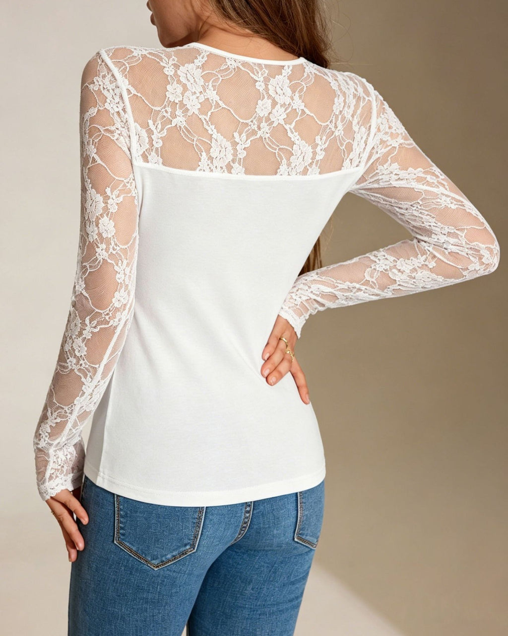 Sheer Lace Yoke Long Sleeve Slim Fit Top - White - 2