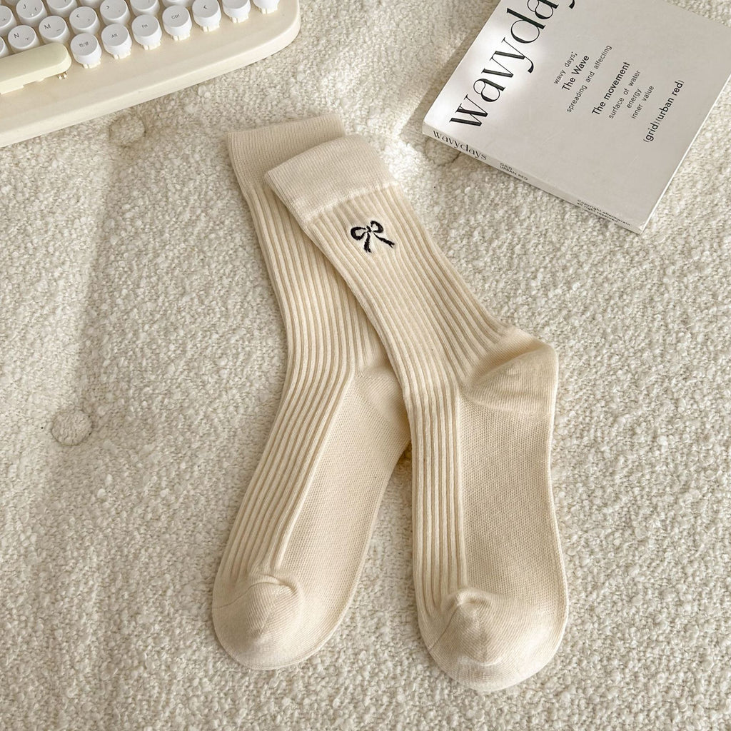Side Bow Ribbed Knit Crew Socks - Beige