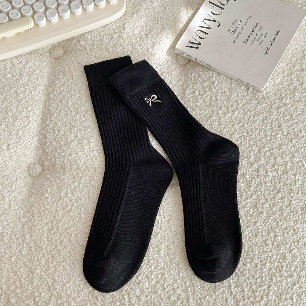 Side Bow Ribbed Knit Crew Socks - Black