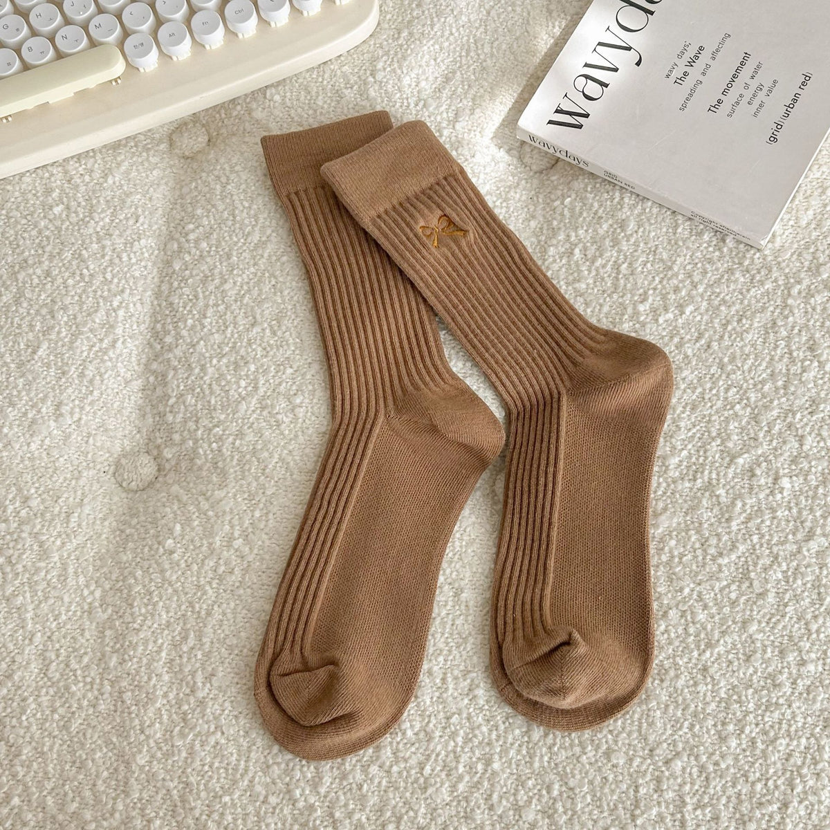 Side Bow Ribbed Knit Crew Socks - Coffee