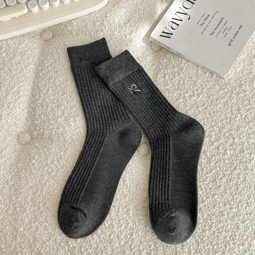 Side Bow Ribbed Knit Crew Socks - DarkGrey