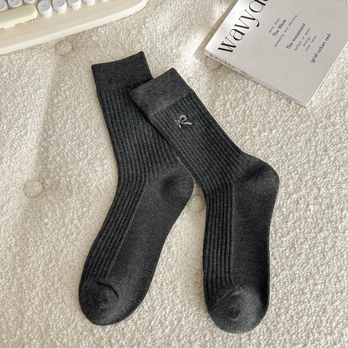 Side Bow Ribbed Knit Crew Socks - DarkGrey