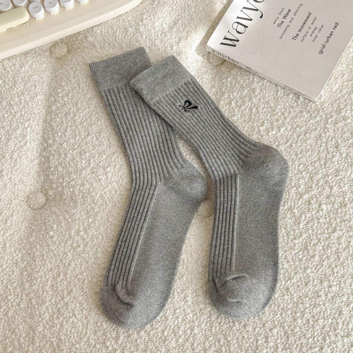 Side Bow Ribbed Knit Crew Socks - LightGray