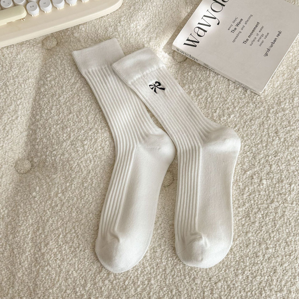 Side Bow Ribbed Knit Crew Socks - White
