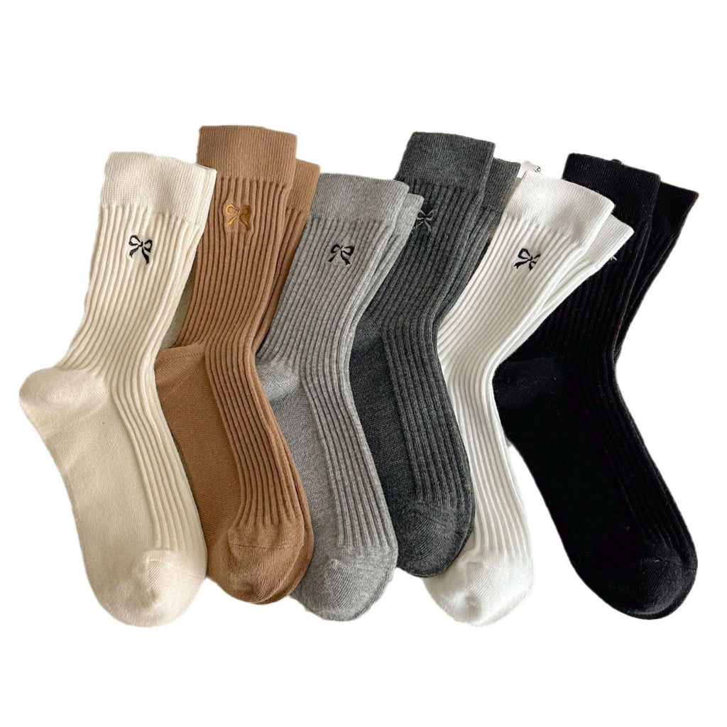 Side Bow Ribbed Knit Crew Socks