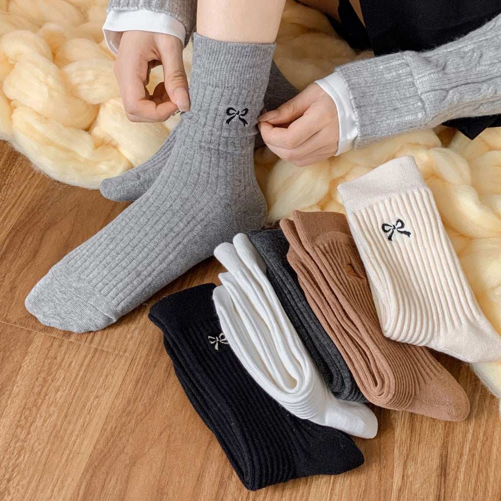 Side Bow Ribbed Knit Crew Socks - view 1