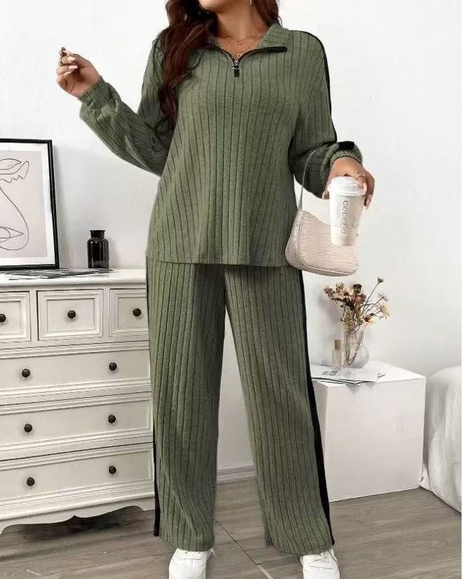 Ribbed Half Zip Top And Trouser Set - Green