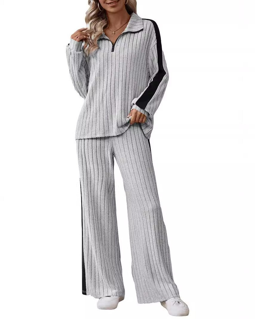 Ribbed Half Zip Top And Trouser Set - Grey - 1