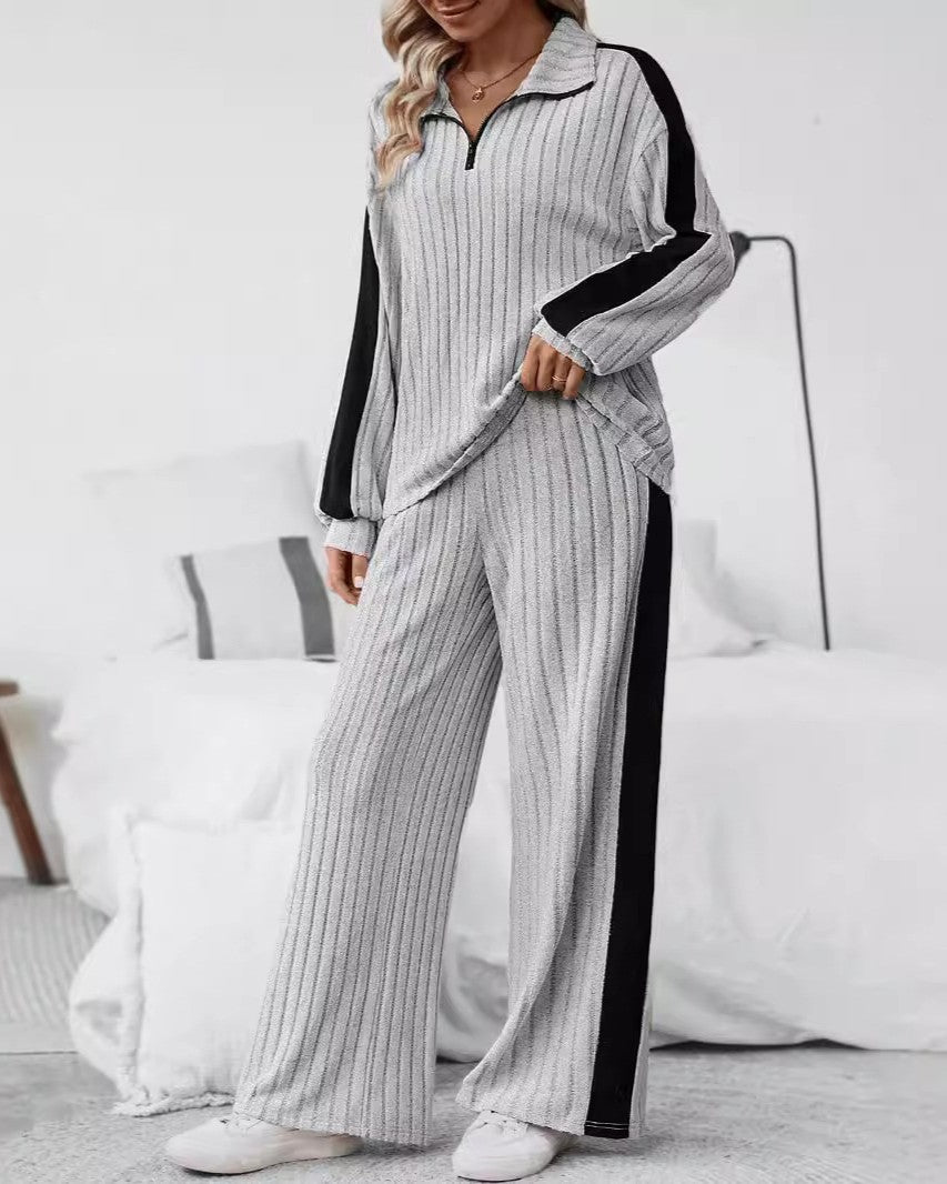 Ribbed Half Zip Top And Trouser Set - Grey - 2