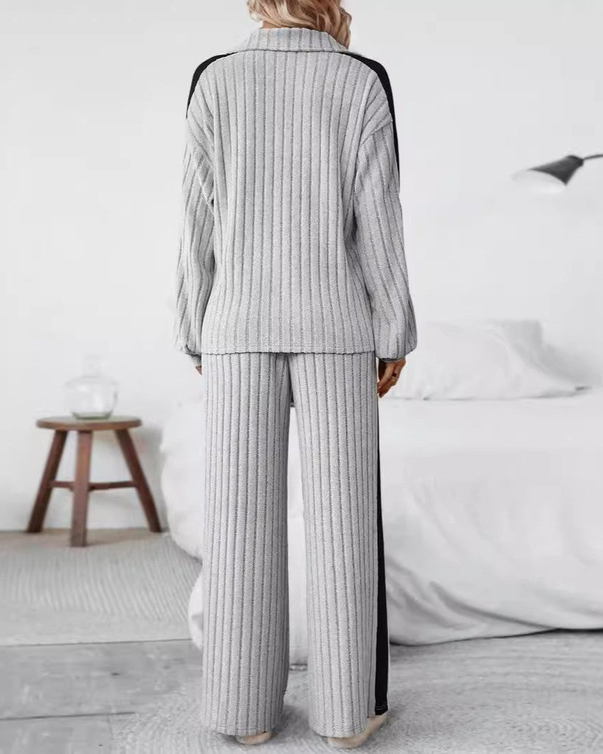 Ribbed Half Zip Top And Trouser Set - Grey - 3