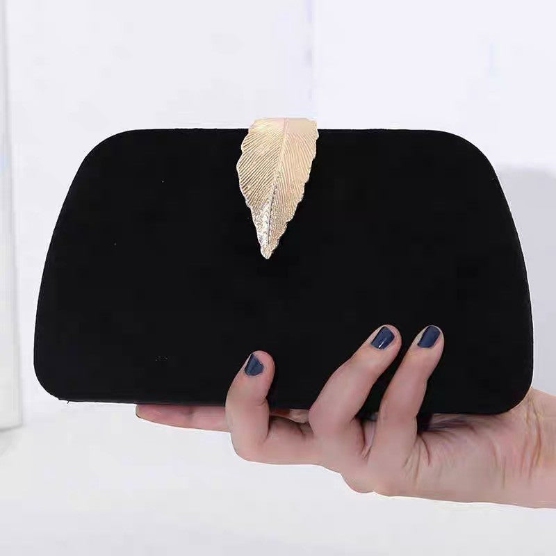 Velvet Leaf Clasp Evening Clutch - Black
