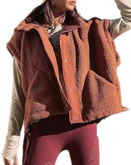 Oversized Sherpa Vest With Snap Front - Brown