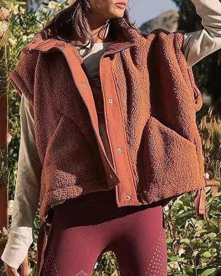 Oversized Sherpa Vest With Snap Front - Brown - 1