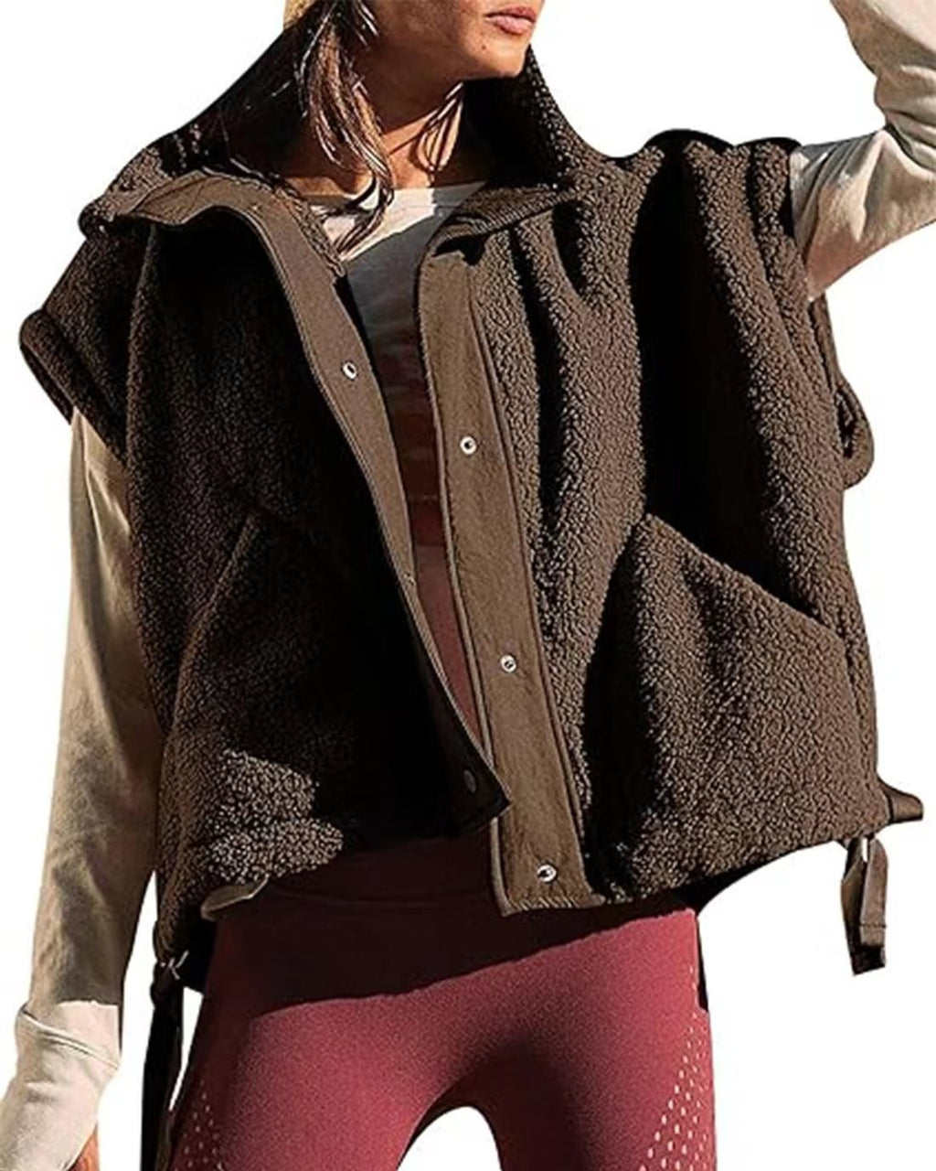 Oversized Sherpa Vest With Snap Front - Coffee