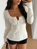 Slim Cable Knit Sweater With Button Placket - White