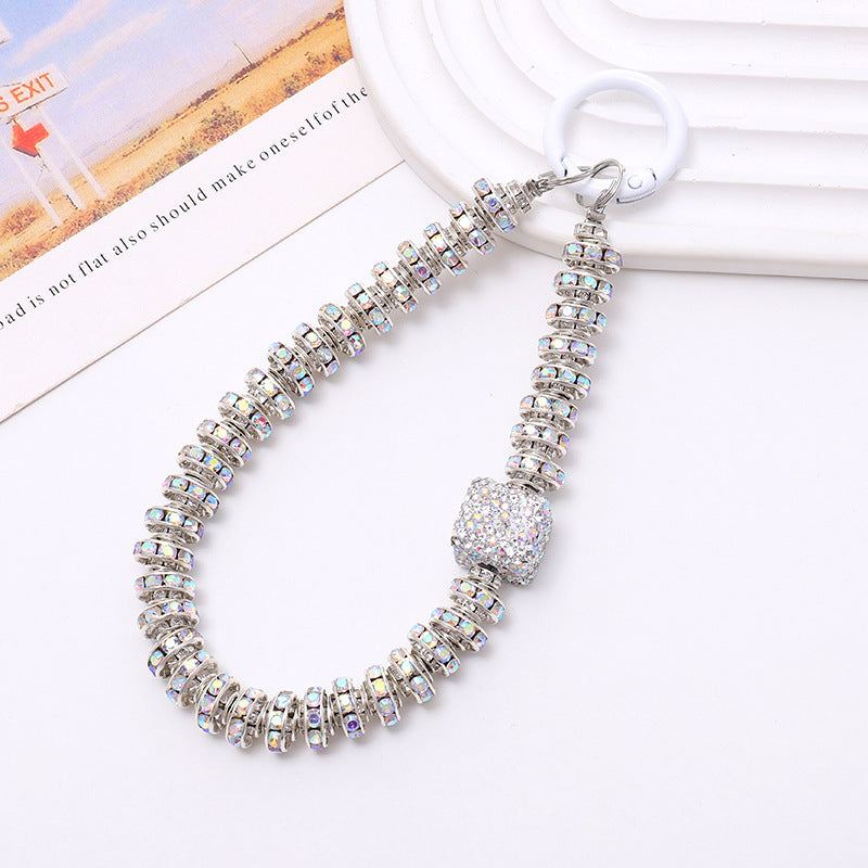 Crystal Bead Wristlet Keychain for Phone and Keys - White