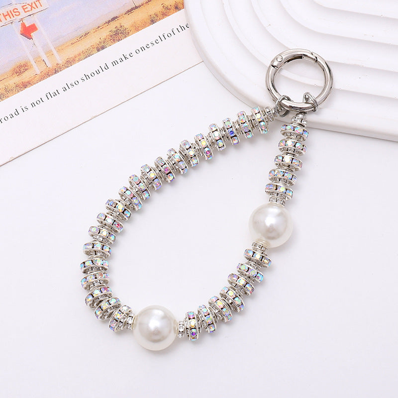 Crystal Bead Wristlet Keychain for Phone and Keys - White01