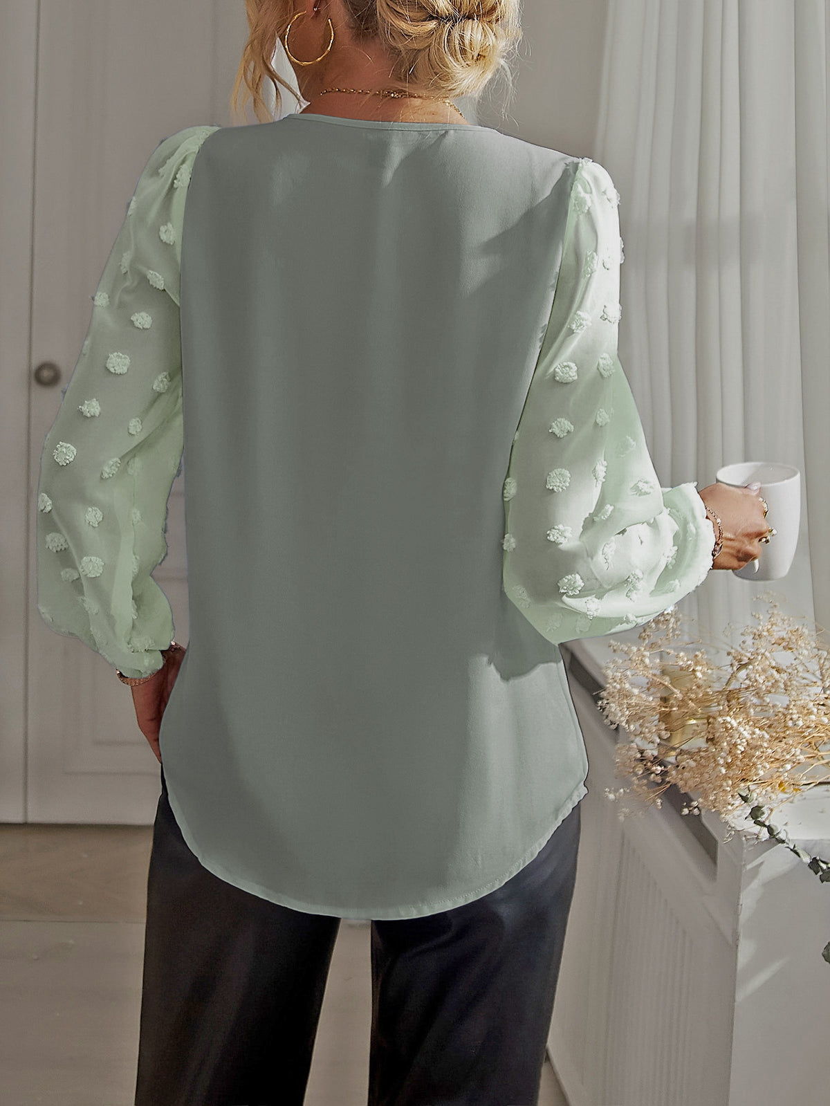 Swiss Dot Balloon Sleeve V Neck Blouse - Green - 1