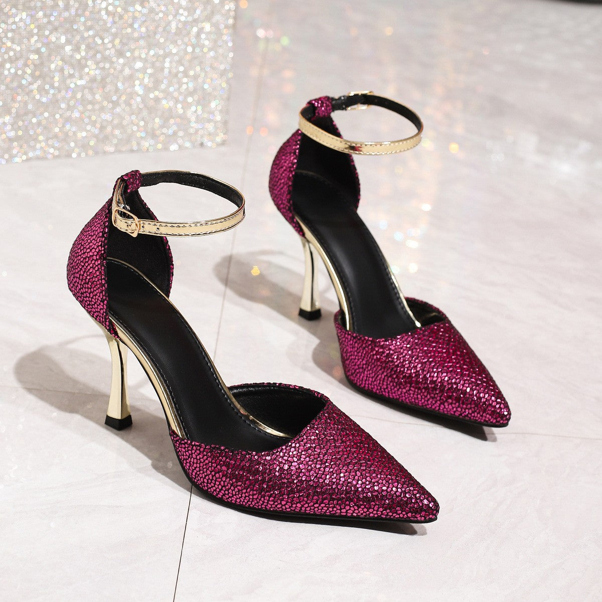 Shimmer Scale Ankle Strap Stiletto Pumps - Berry