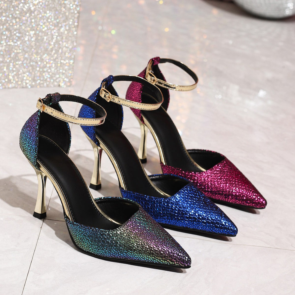 Shimmer Scale Ankle Strap Stiletto Pumps
