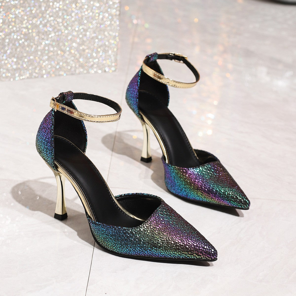 Shimmer Scale Ankle Strap Stiletto Pumps