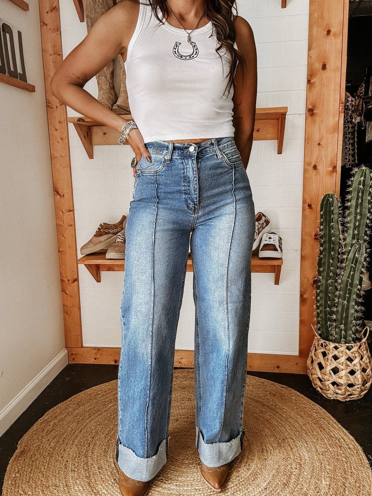 Cuffed Hem Baggy Wide Leg Jeans - Blue