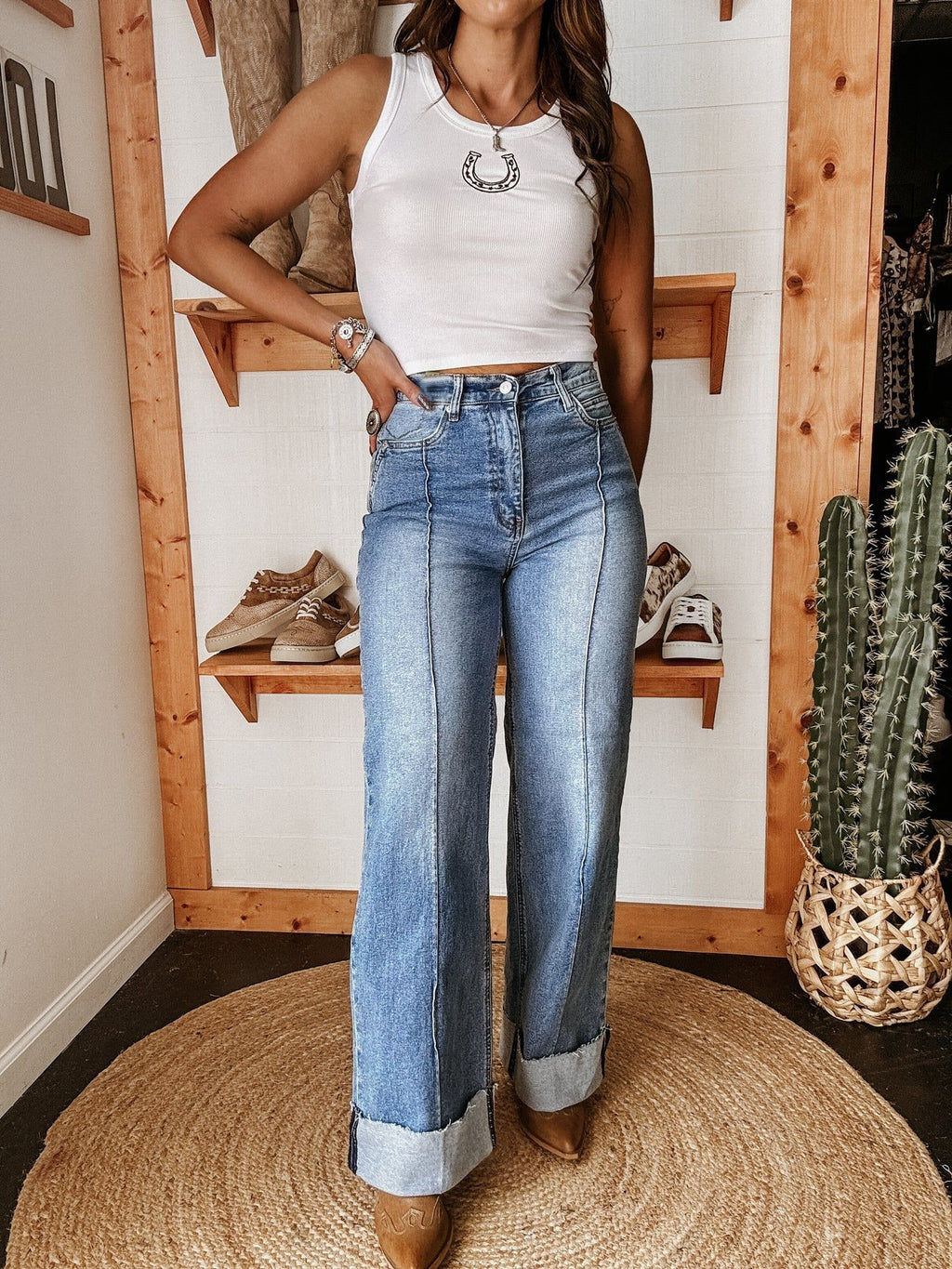 Cuffed Hem Baggy Wide Leg Jeans - Blue - 1