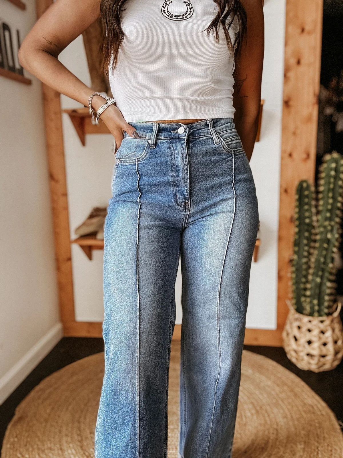 Cuffed Hem Baggy Wide Leg Jeans - Blue - 3