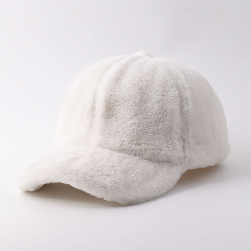 Plush Faux Fur Baseball Cap With Curved Brim - Beige