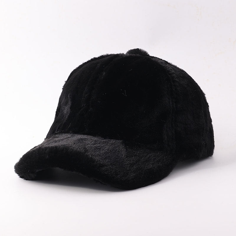 Plush Faux Fur Baseball Cap With Curved Brim - Black