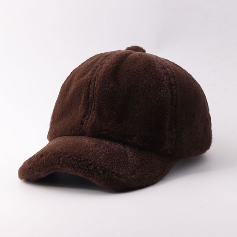 Plush Faux Fur Baseball Cap With Curved Brim - Coffee