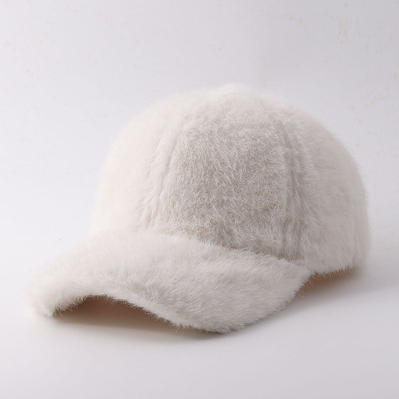 Plush Faux Fur Baseball Cap With Curved Brim - FBeige