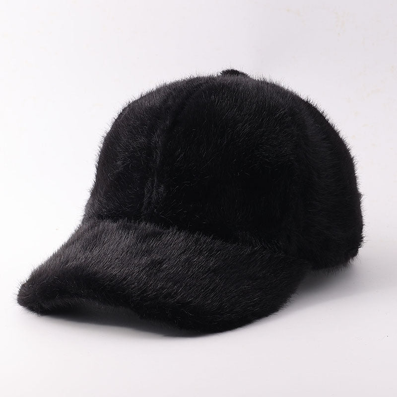 Plush Faux Fur Baseball Cap With Curved Brim - FBlack