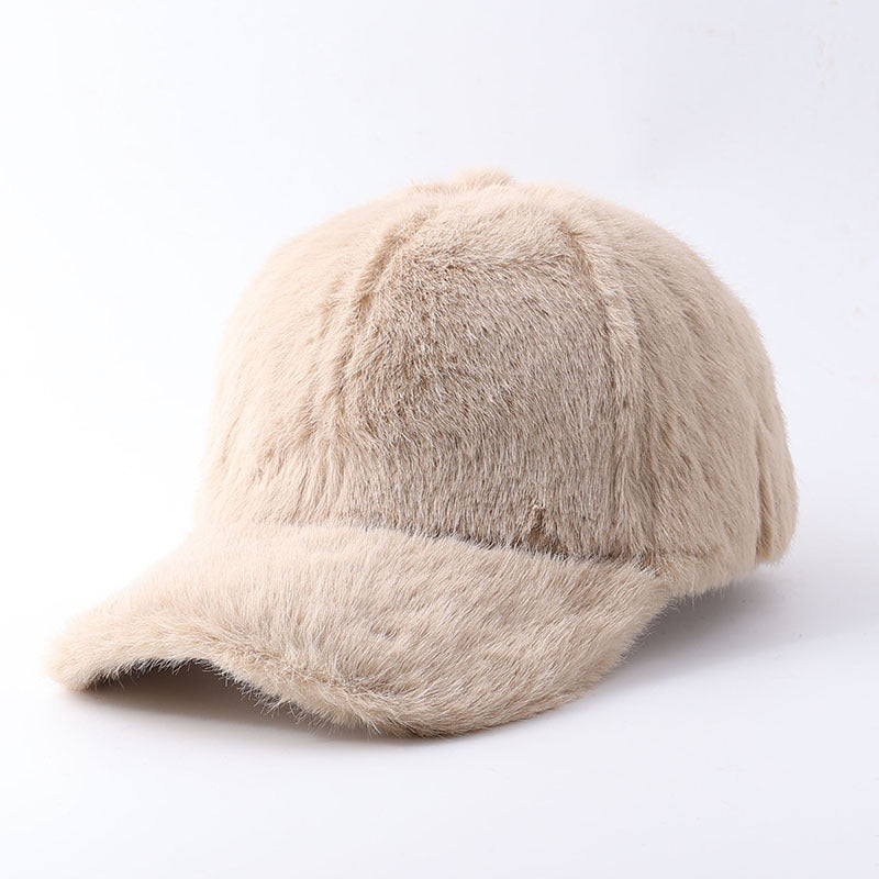 Plush Faux Fur Baseball Cap With Curved Brim - FKhaki