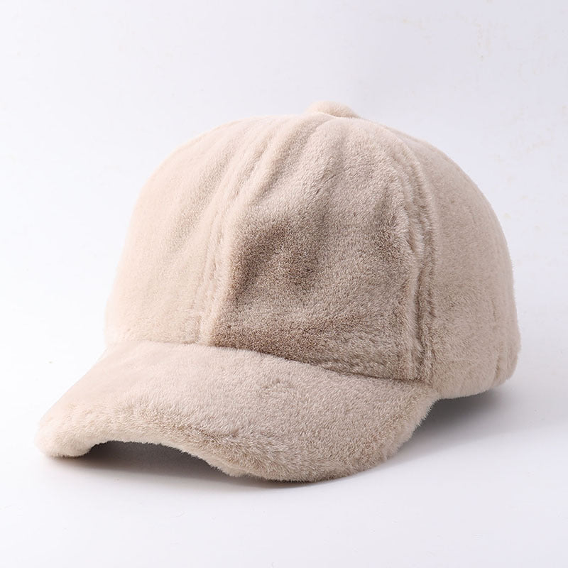 Plush Faux Fur Baseball Cap With Curved Brim - Khaki