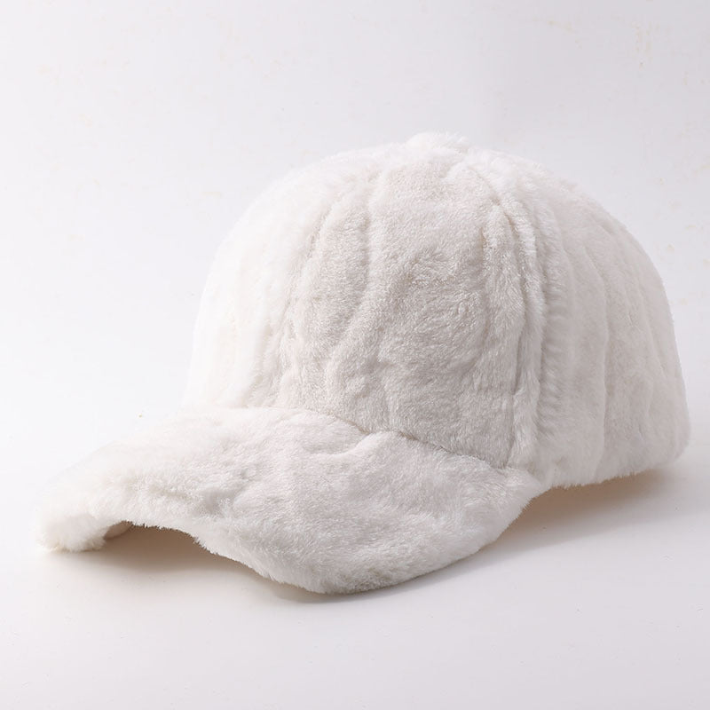 Plush Faux Fur Baseball Cap With Curved Brim - TBeige