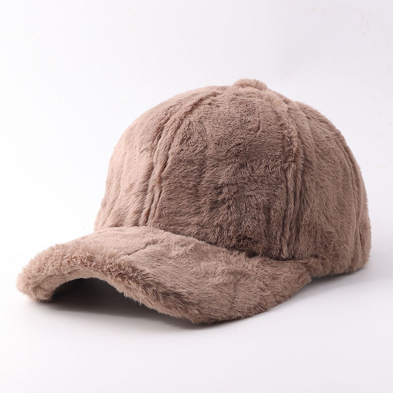 Plush Faux Fur Baseball Cap With Curved Brim - TBrown