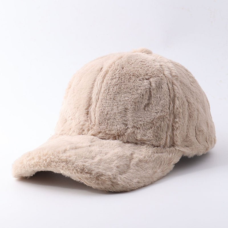 Plush Faux Fur Baseball Cap With Curved Brim - TKhaki