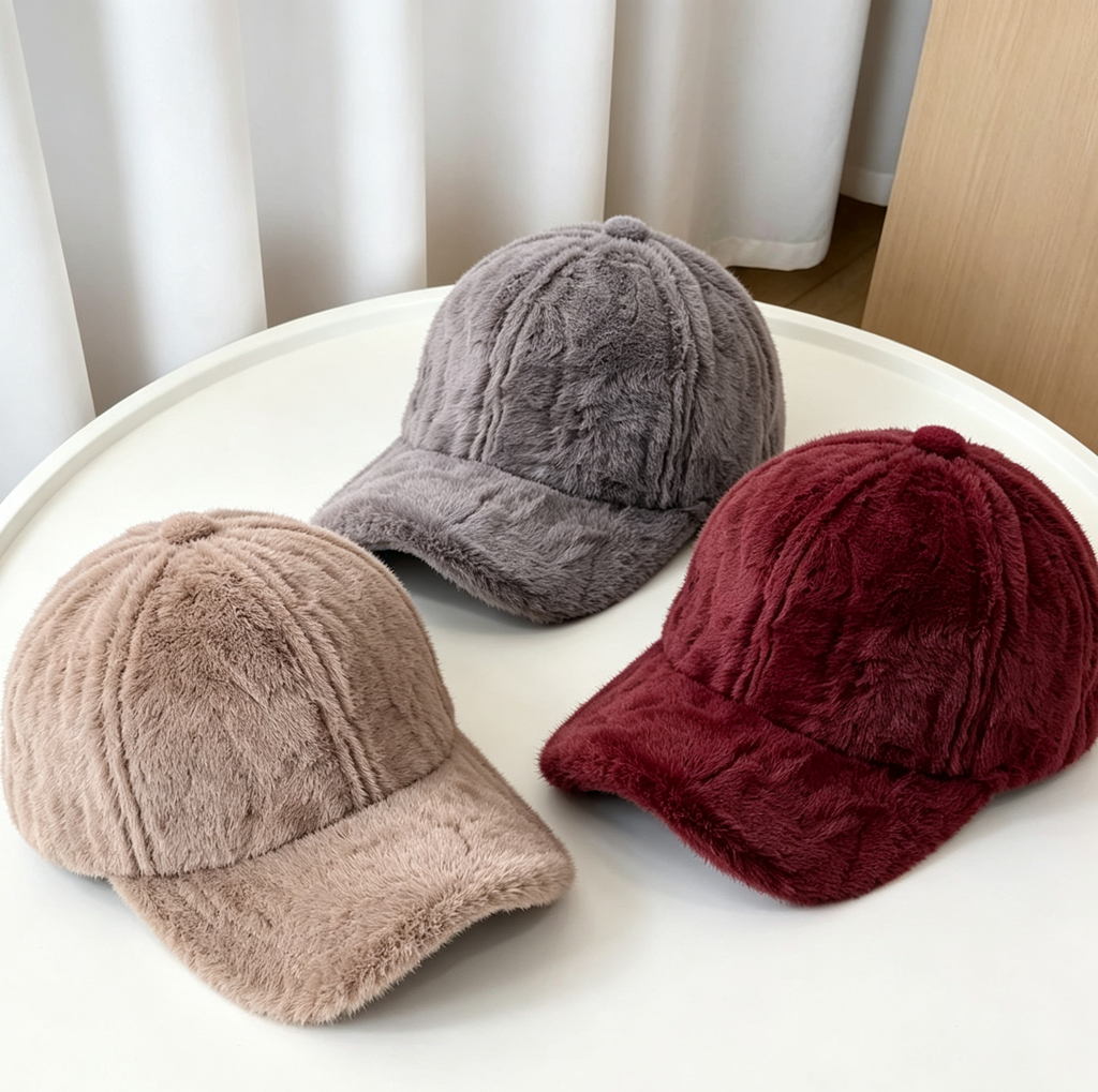 Plush Faux Fur Baseball Cap With Curved Brim - TKhaki - 2