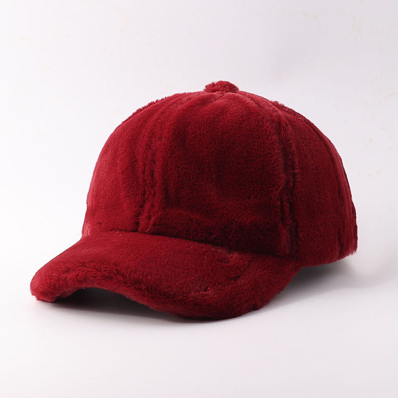 Plush Faux Fur Baseball Cap With Curved Brim - Wine_Red