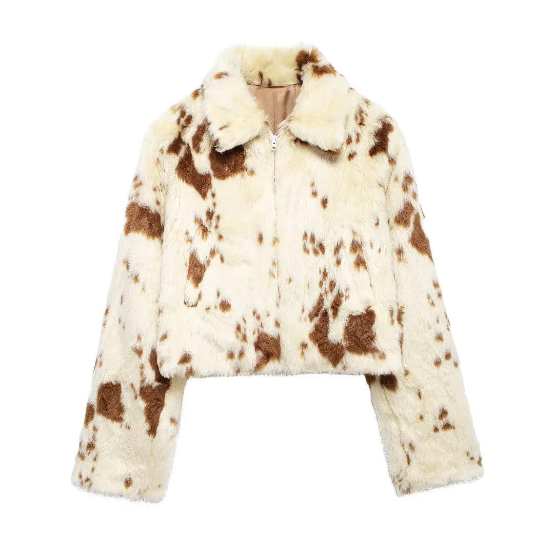 Cropped Faux Fur Cow Print Coat - Printed