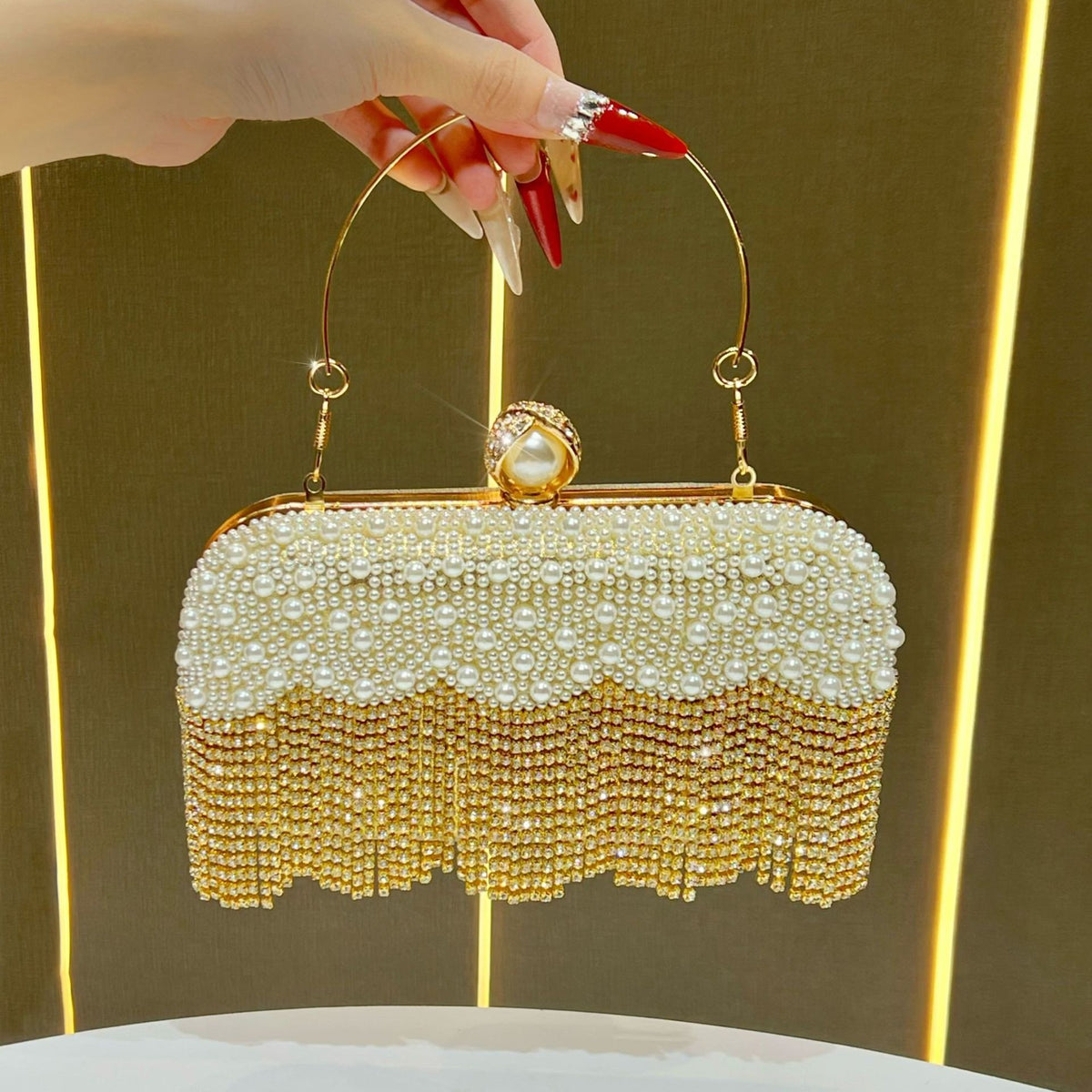Pearl Beaded Rhinestone Fringe Evening Clutch - Gold