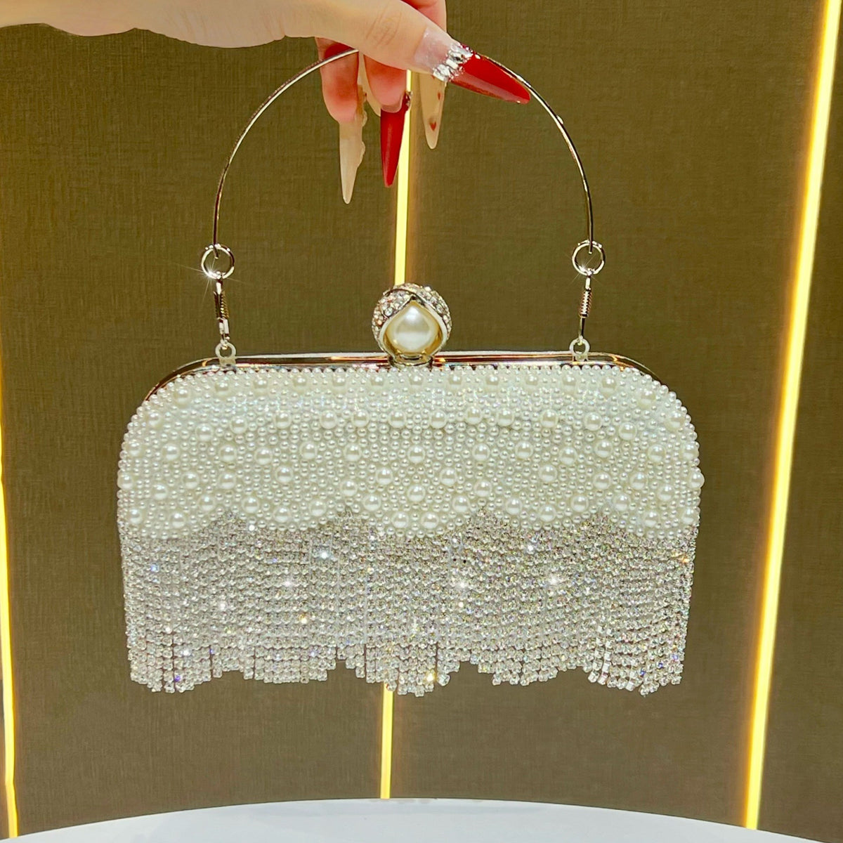 Pearl Beaded Rhinestone Fringe Evening Clutch - Silver