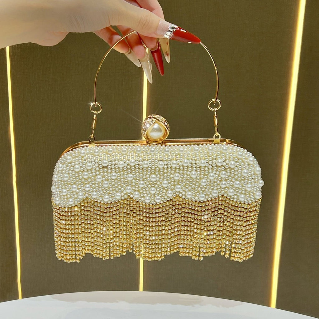 Pearl Beaded Rhinestone Fringe Evening Clutch