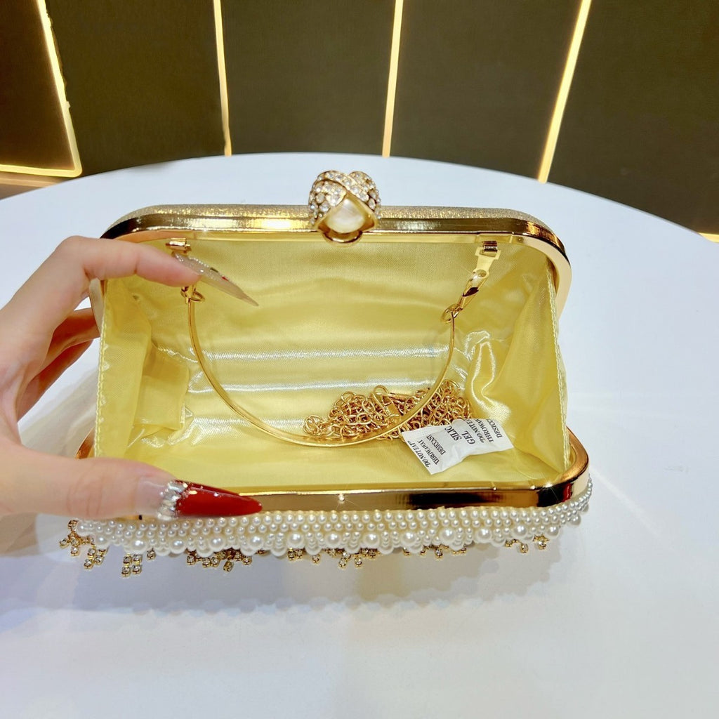 Pearl Beaded Rhinestone Fringe Evening Clutch