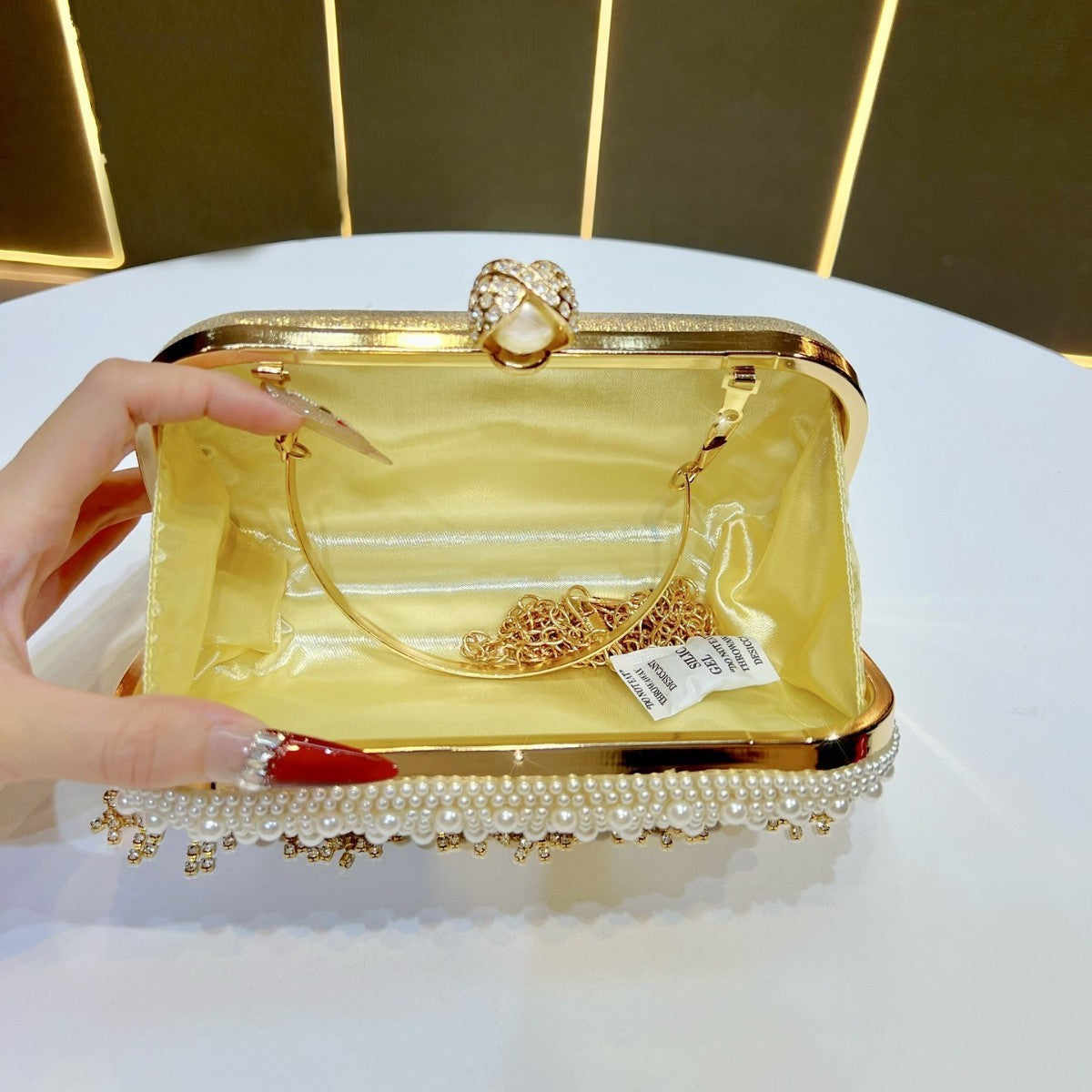 Pearl Beaded Rhinestone Fringe Evening Clutch