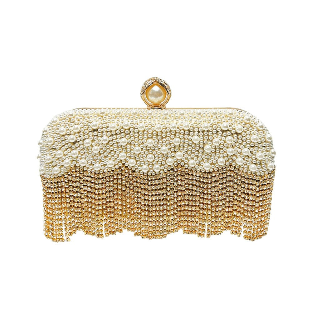 Pearl Beaded Rhinestone Fringe Evening Clutch