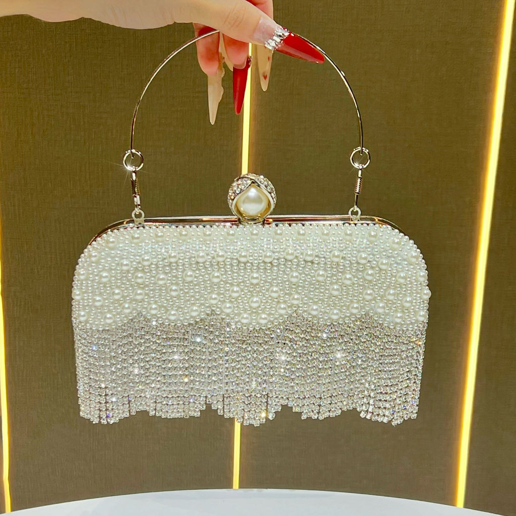 Pearl Beaded Rhinestone Fringe Evening Clutch